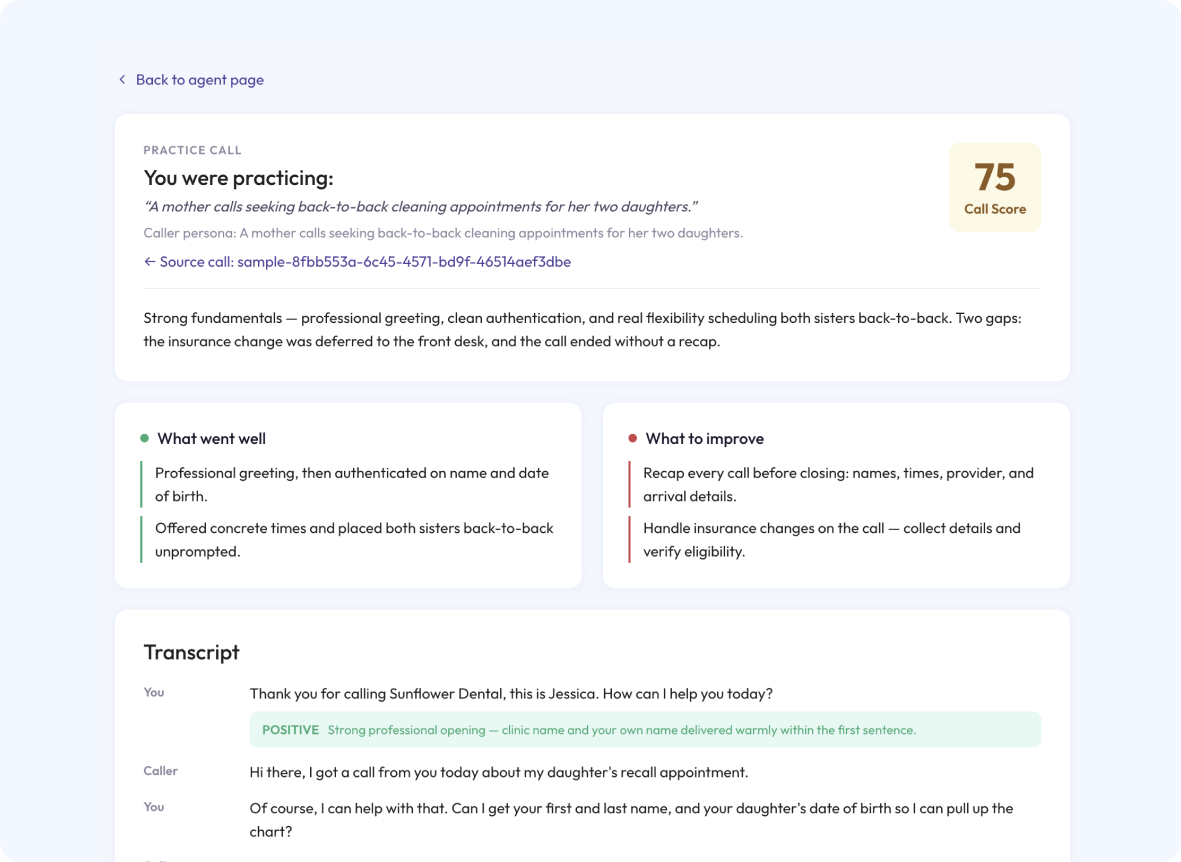 Practice call scorecard with what went well, what to improve and an annotated transcript