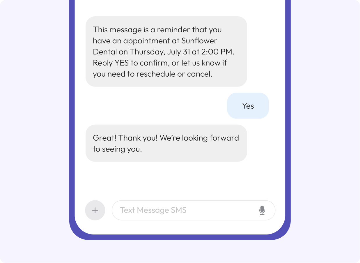 SMS appointment reminder conversation with Fiona