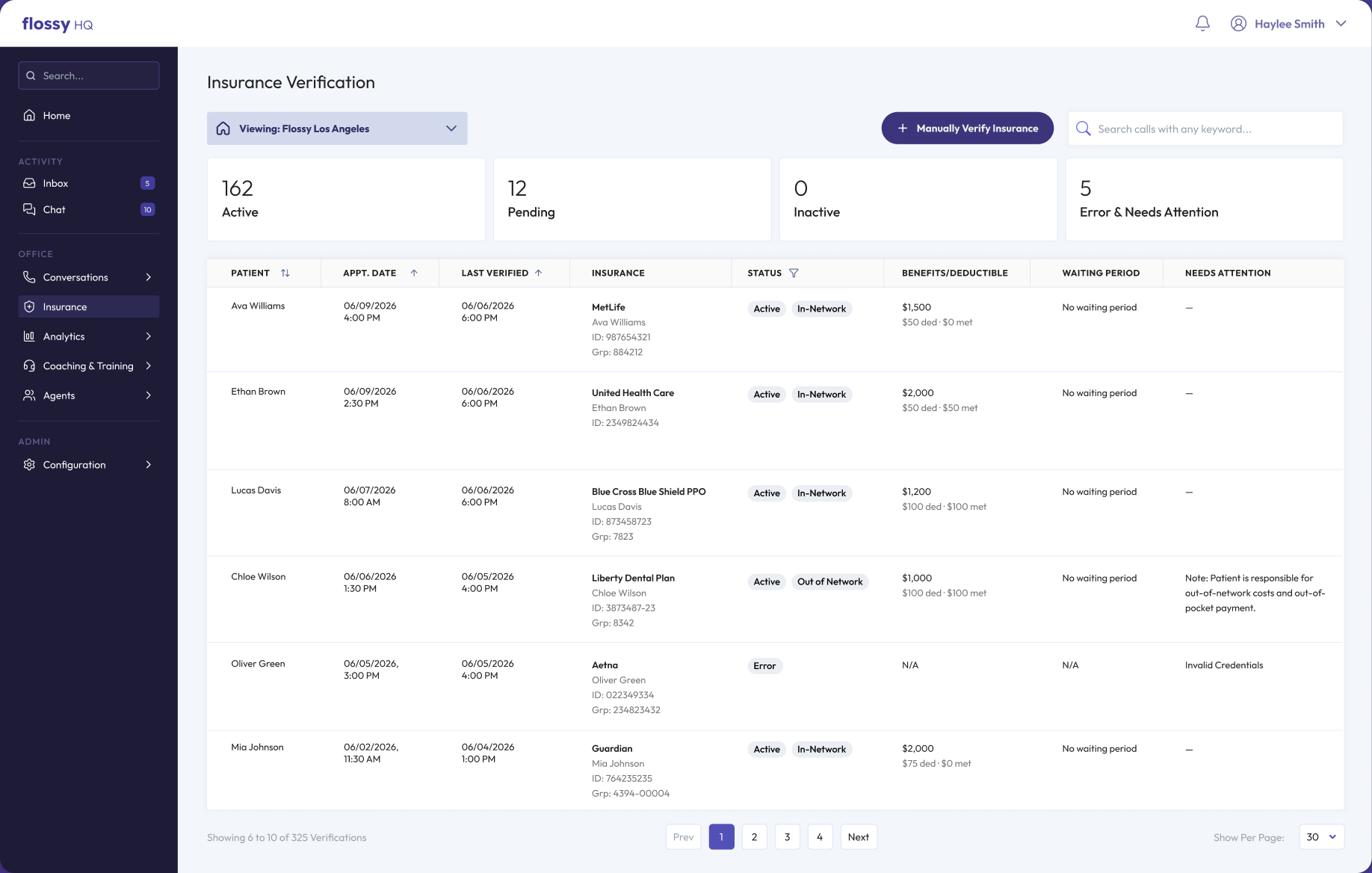 FlossyHQ insurance verification dashboard listing patients with coverage status, benefits, and waiting periods