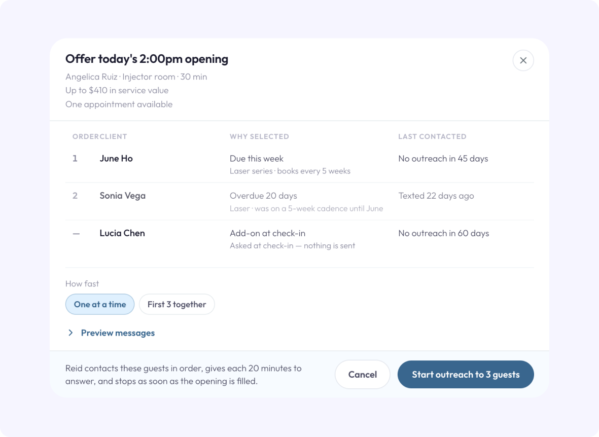 Offer today's 2:00pm opening: ranked clients with why they were selected and when they were last contacted