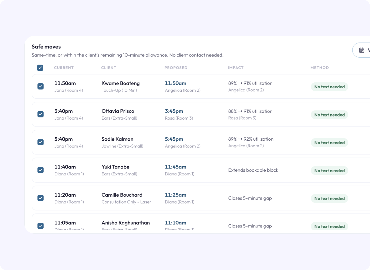 Safe moves table of same-time room swaps that need no client contact