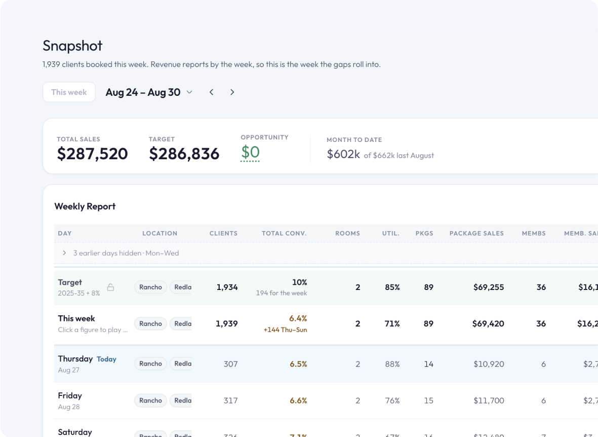 Weekly snapshot with total sales against target and a day-by-day report